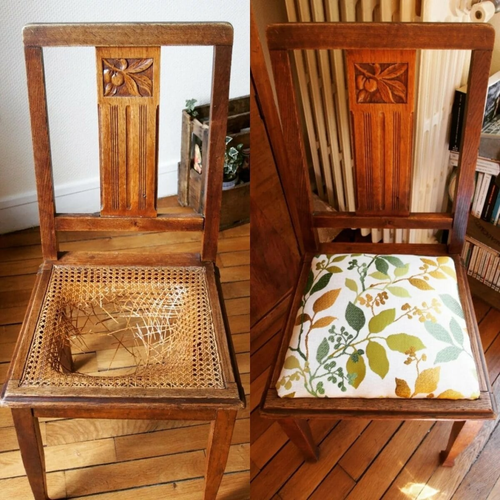деревянный коричневый стул до и после реставрации сидения