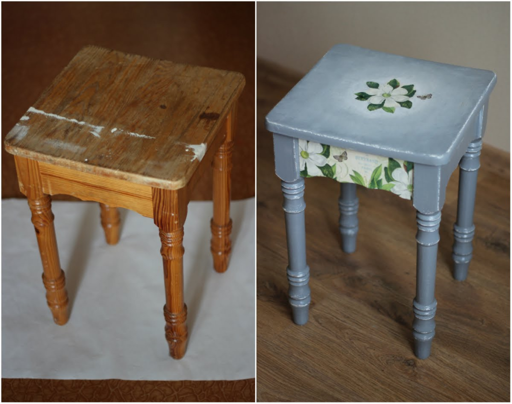 Деревянный стул до и после реставрации с нанесенной живописью в виде цветов