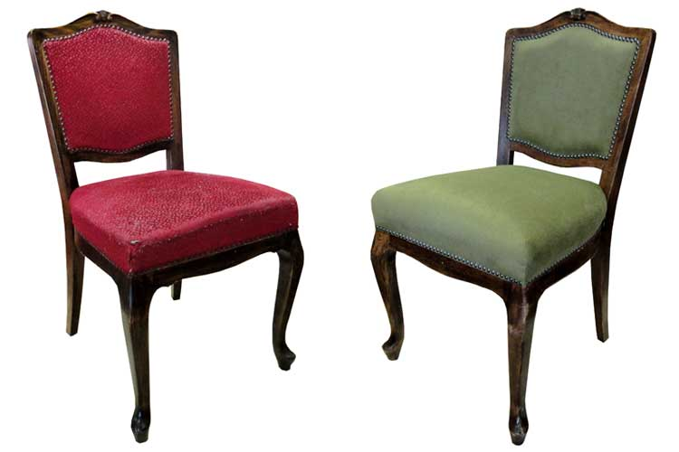 красный и зеленый деревянные стулья обшитые мягкой обивкой